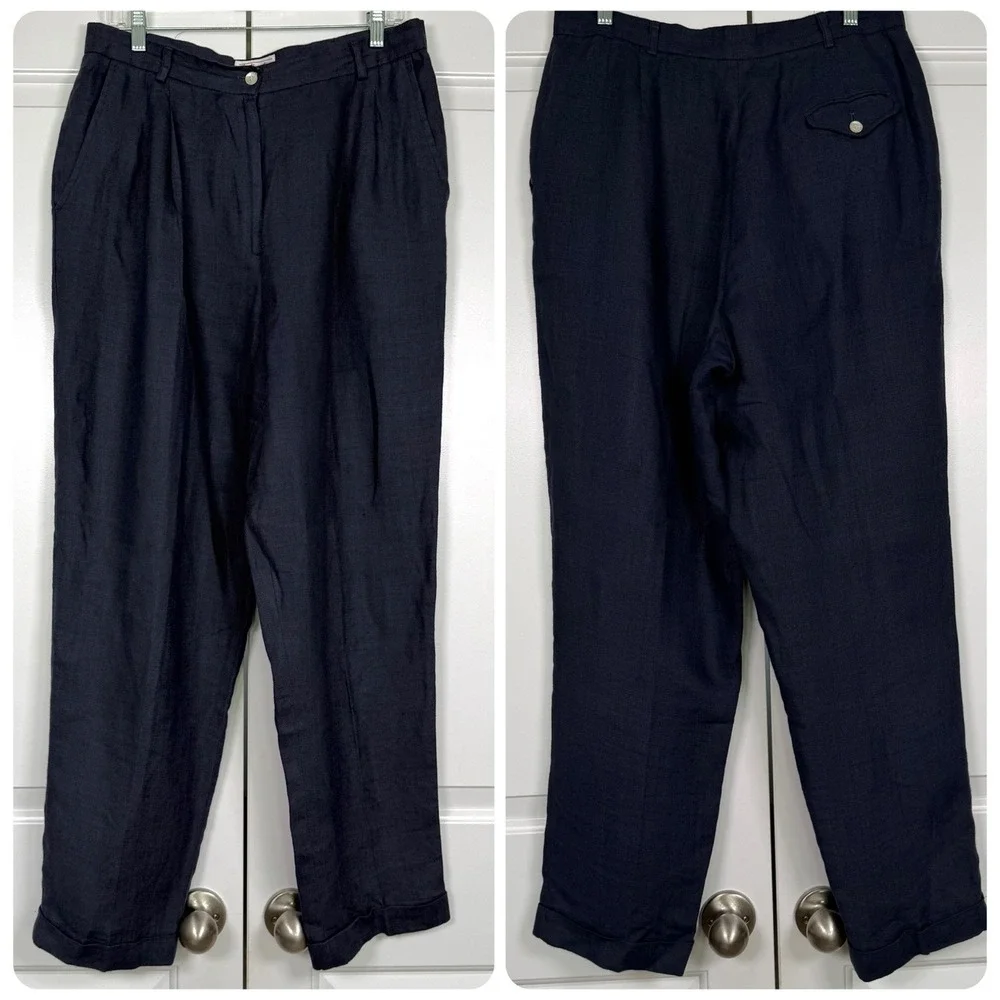 Talbots Linen Pants Sz 16 Navy Blue Straight Leg Pleated Preppy Church‎ Office